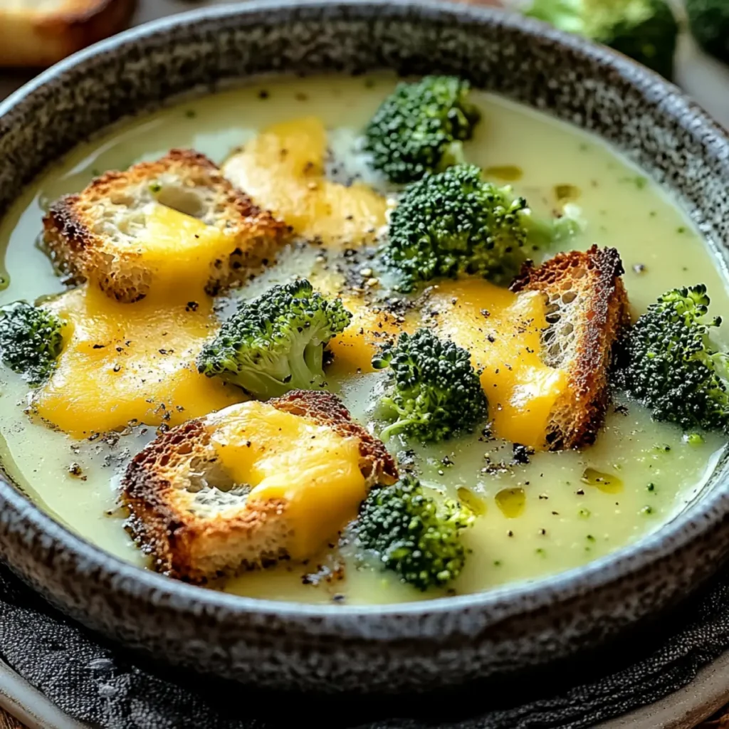 Roasted Broccoli Soup with Melted Cheddar Croutons