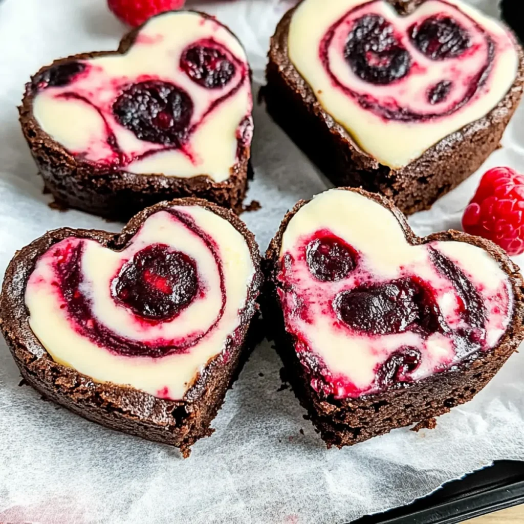 Heart Shaped Brownies with Raspberry Swirl & Cheesecake