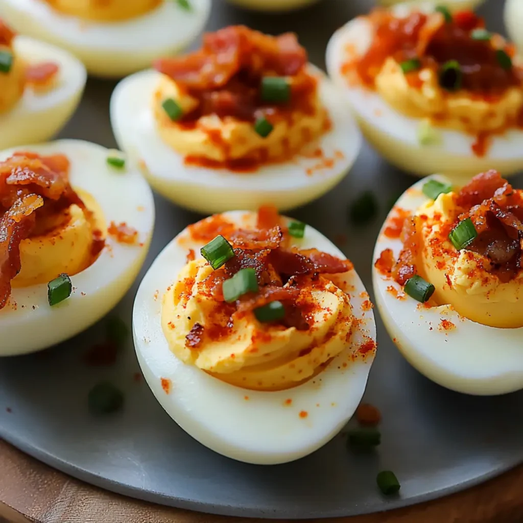 Spicy Deviled Eggs with Sriracha Bacon