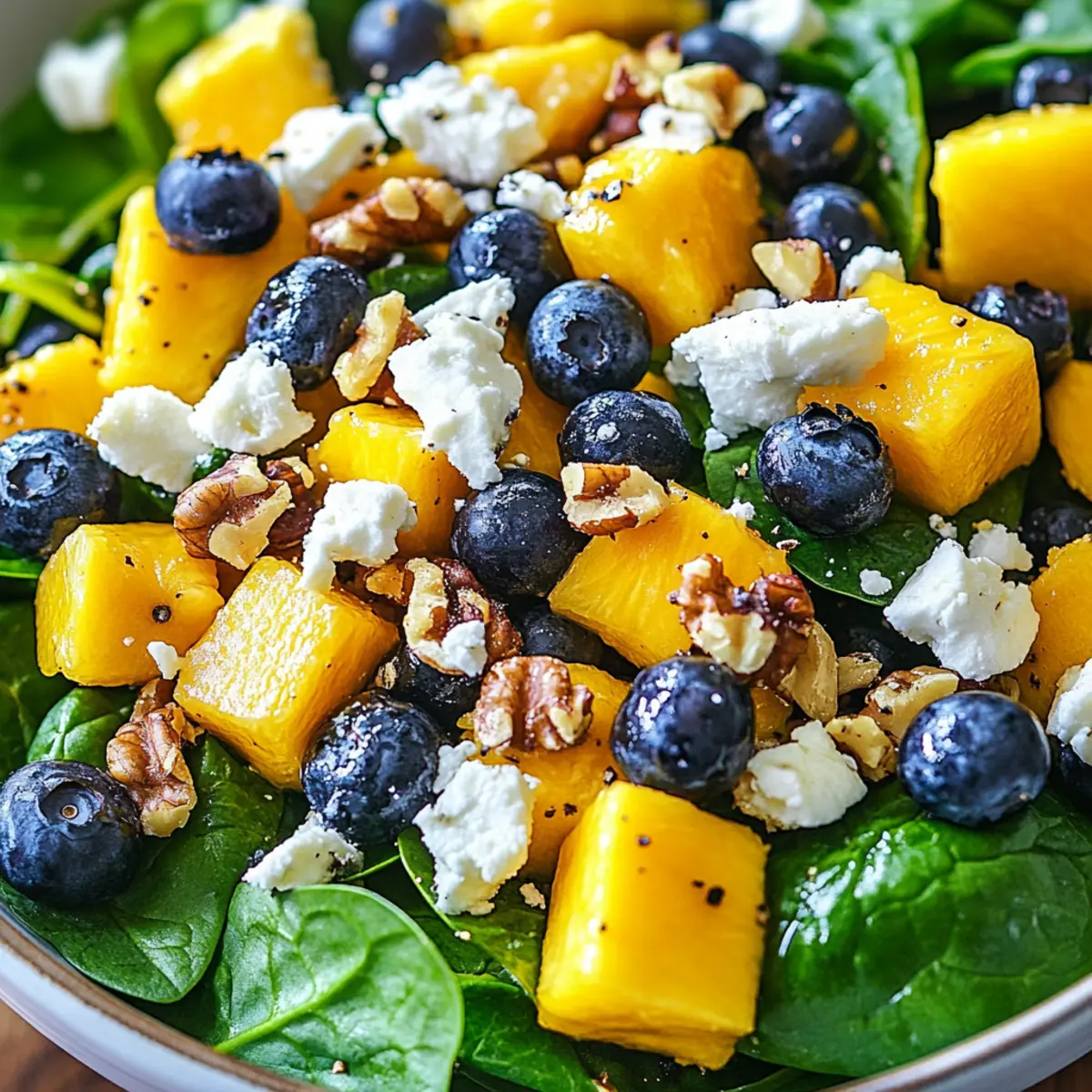 Mango and Blueberry Salad with Spinach, Walnuts, and Feta Cheese