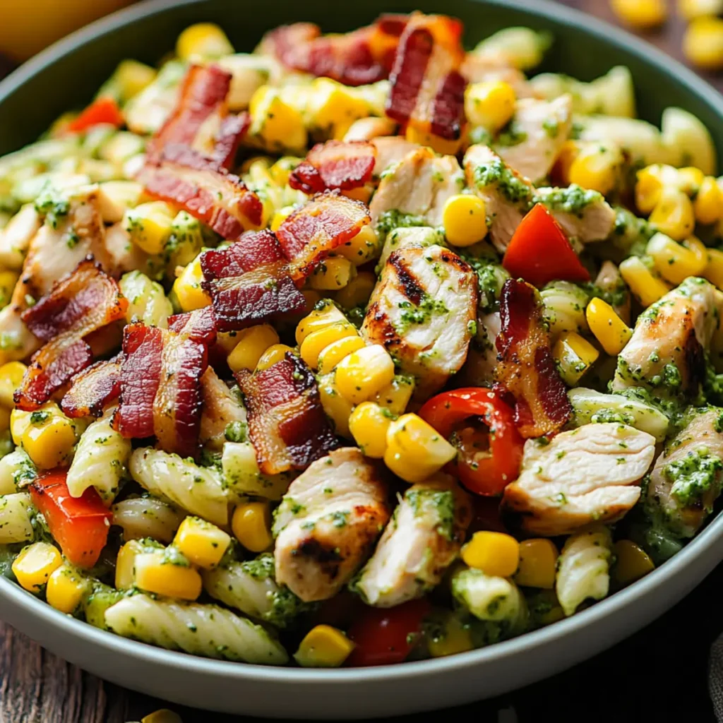 SUMMER SALAD - Chicken and Corn Pasta Salad with Bacon, Bell Peppers, and Creamy Pesto Dressing