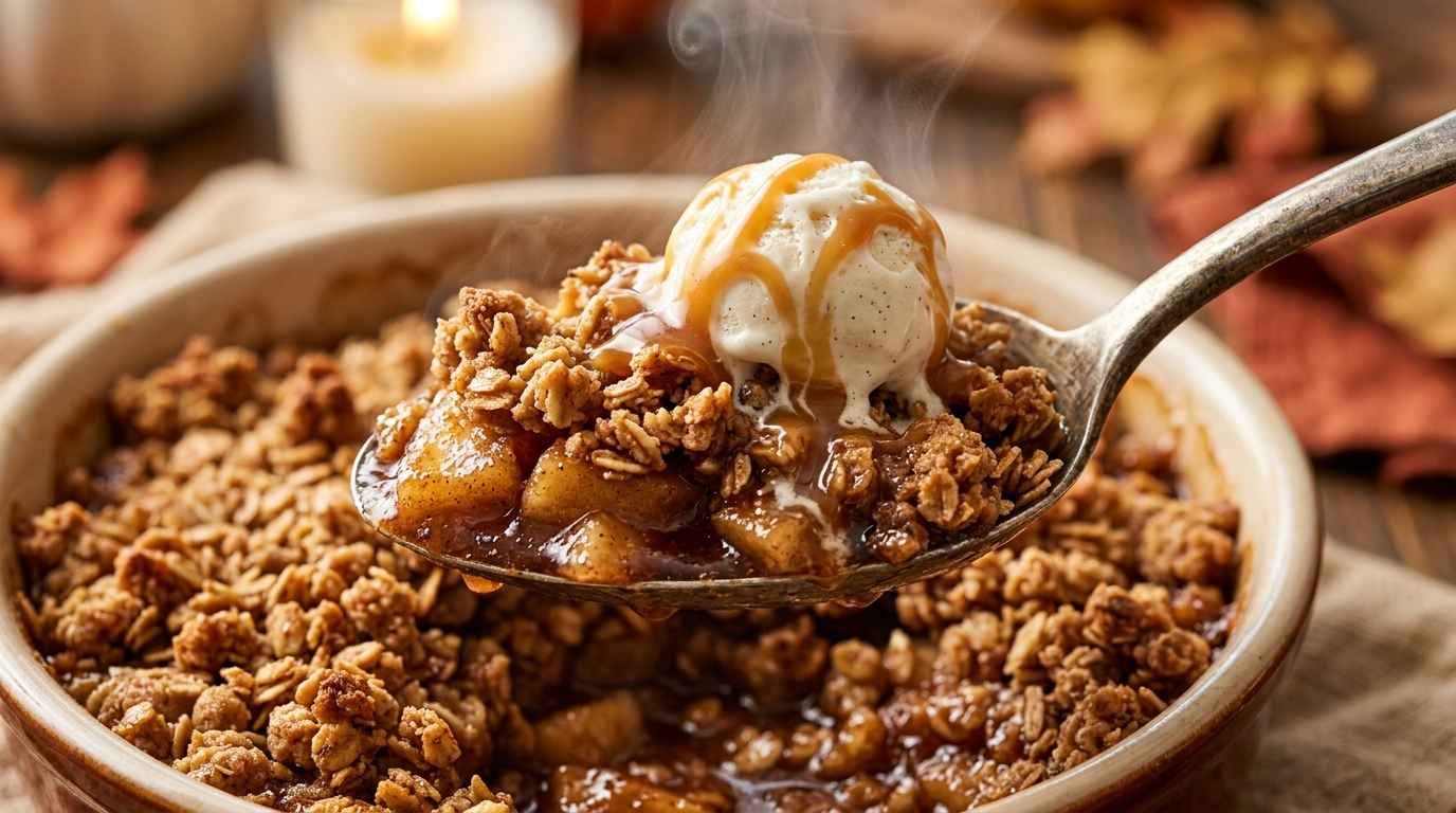 Ultra close-up macro of cast-iron skillet brown butter caramel apple crisp topped with melting vanilla ice cream and salted caramel