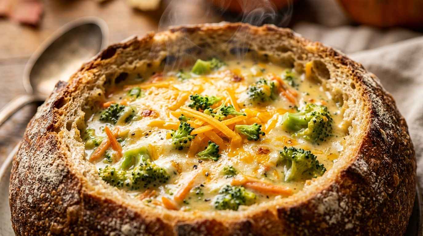 Ultra close-up macro of velvety broccoli cheddar soup in a sourdough bread bowl topped with melted sharp cheddar