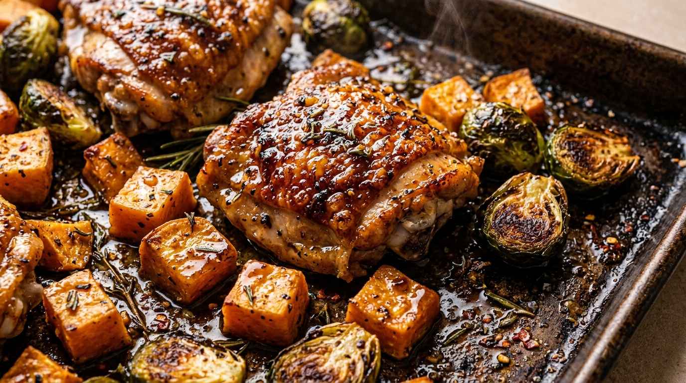 Ultra close-up macro of crispy honey garlic roasted chicken thighs with caramelized sweet potatoes and Brussels sprouts on sheet pan