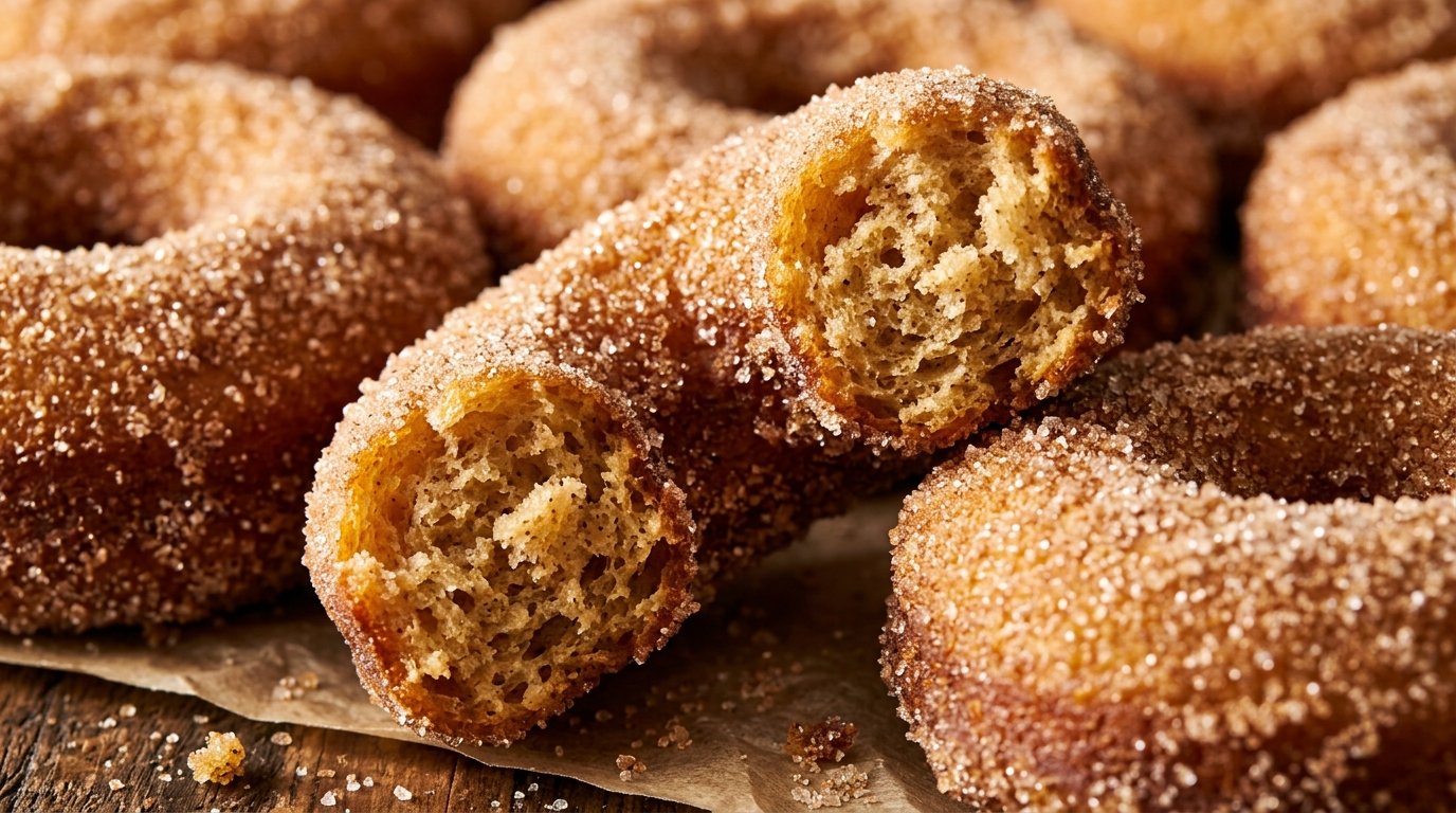 Ultra close-up macro of freshly baked brown butter apple cider donuts coated in sparkling cinnamon sugar with one broken open showing moist crumb