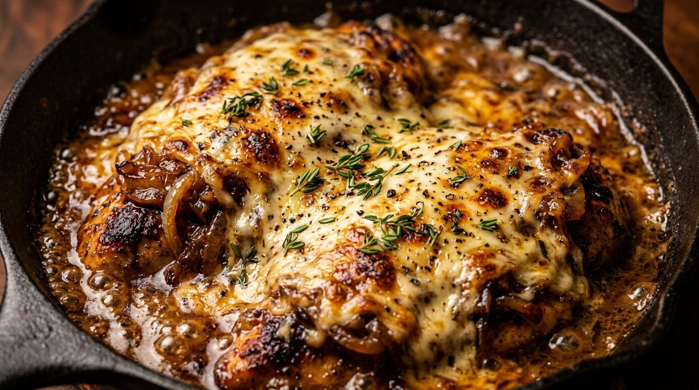 Ultra close-up macro of one-skillet French onion chicken topped with caramelized onions and bubbly broiled Gruyere cheese