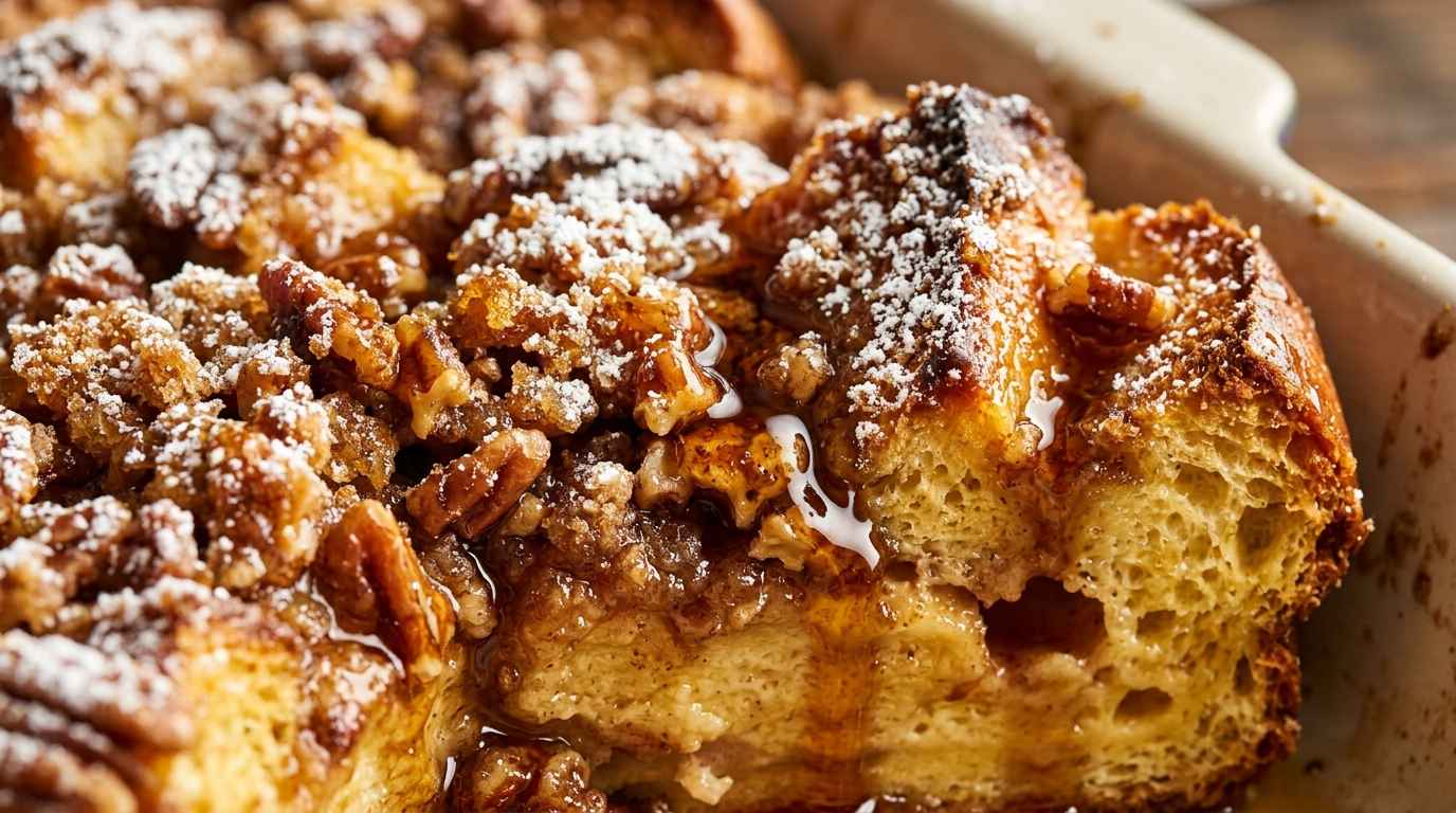 Ultra close-up macro of baked brioche French toast casserole topped with crunchy cinnamon pecan streusel and maple syrup