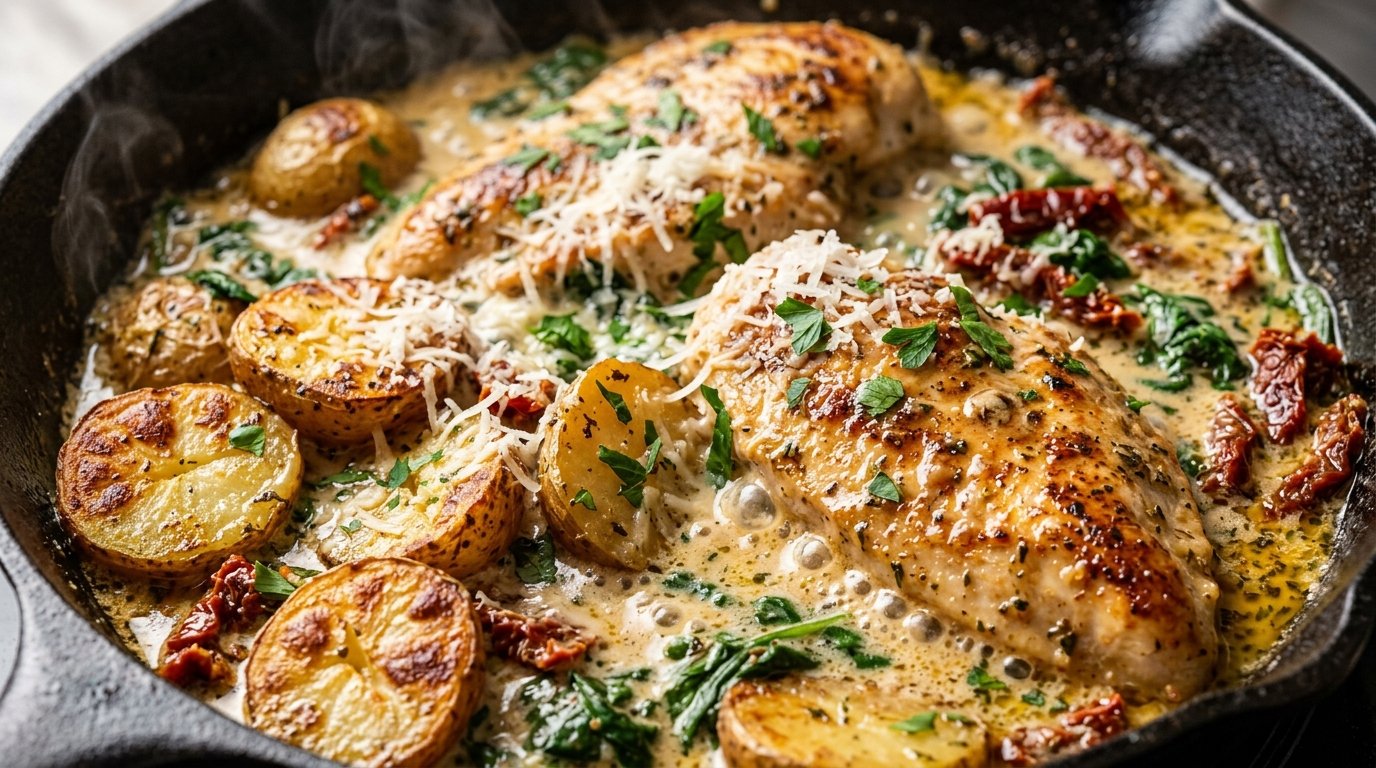 Ultra close-up macro of golden seared chicken and crispy baby potatoes in bubbling creamy garlic parmesan sauce in a cast-iron skillet