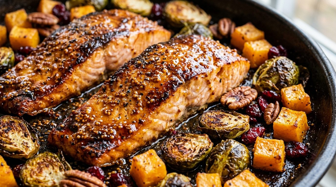 Ultra close-up macro of caramelized maple Dijon glazed salmon with crispy Brussels sprouts, butternut squash, pecans, and cranberries on a sheet pan