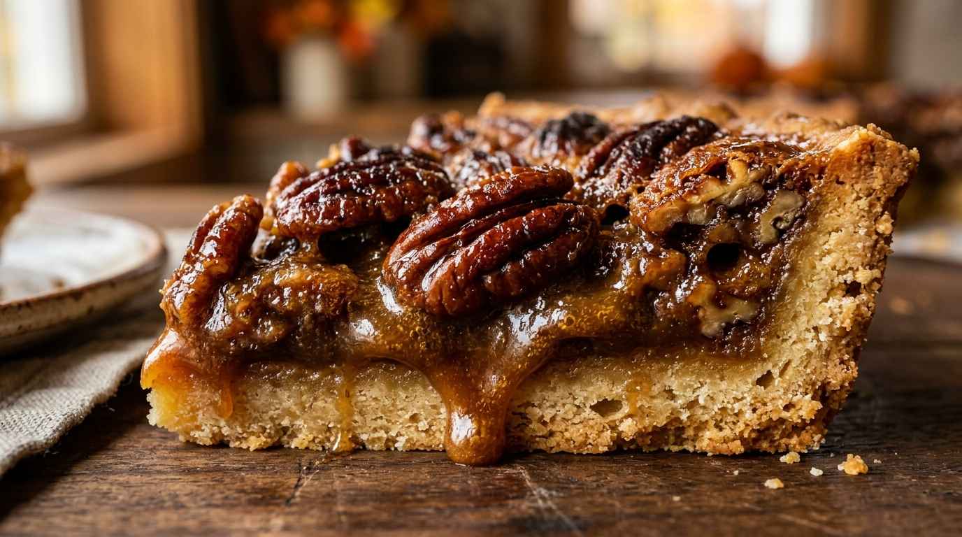 Ultra close-up macro of a gooey caramelized maple pecan pie bar with buttery shortbread crust