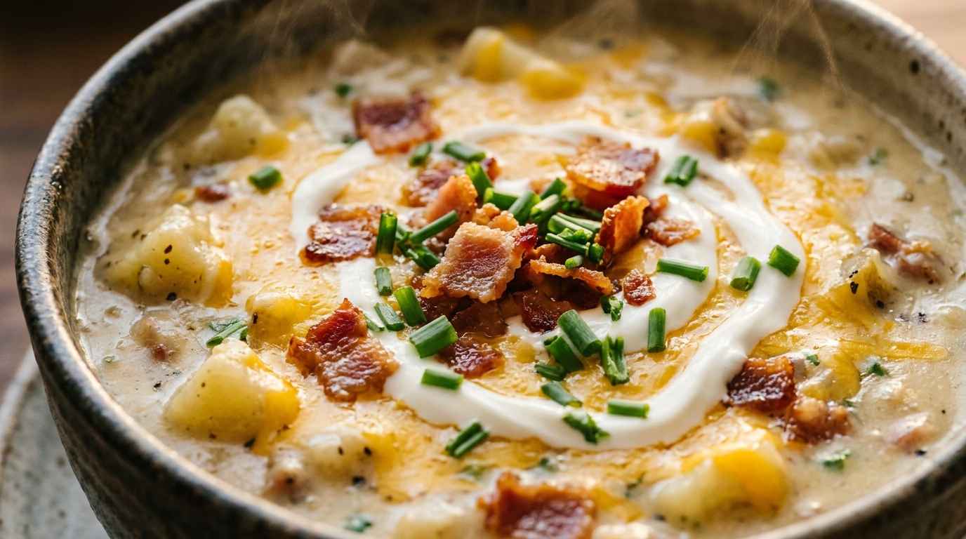 Ultra close-up macro of creamy loaded hashbrown potato soup topped with melted cheddar, crispy bacon, and chives