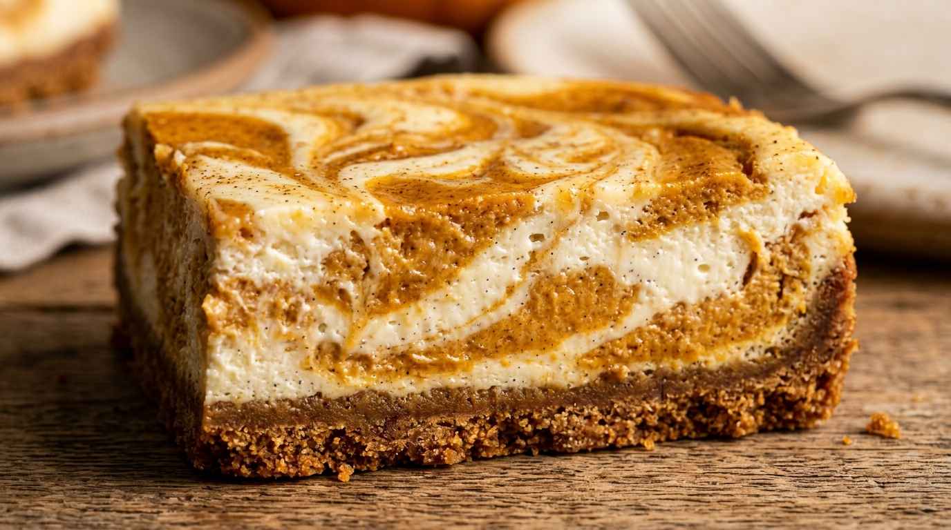Ultra close-up macro of a marbled pumpkin swirl cheesecake bar with buttery graham cracker crust