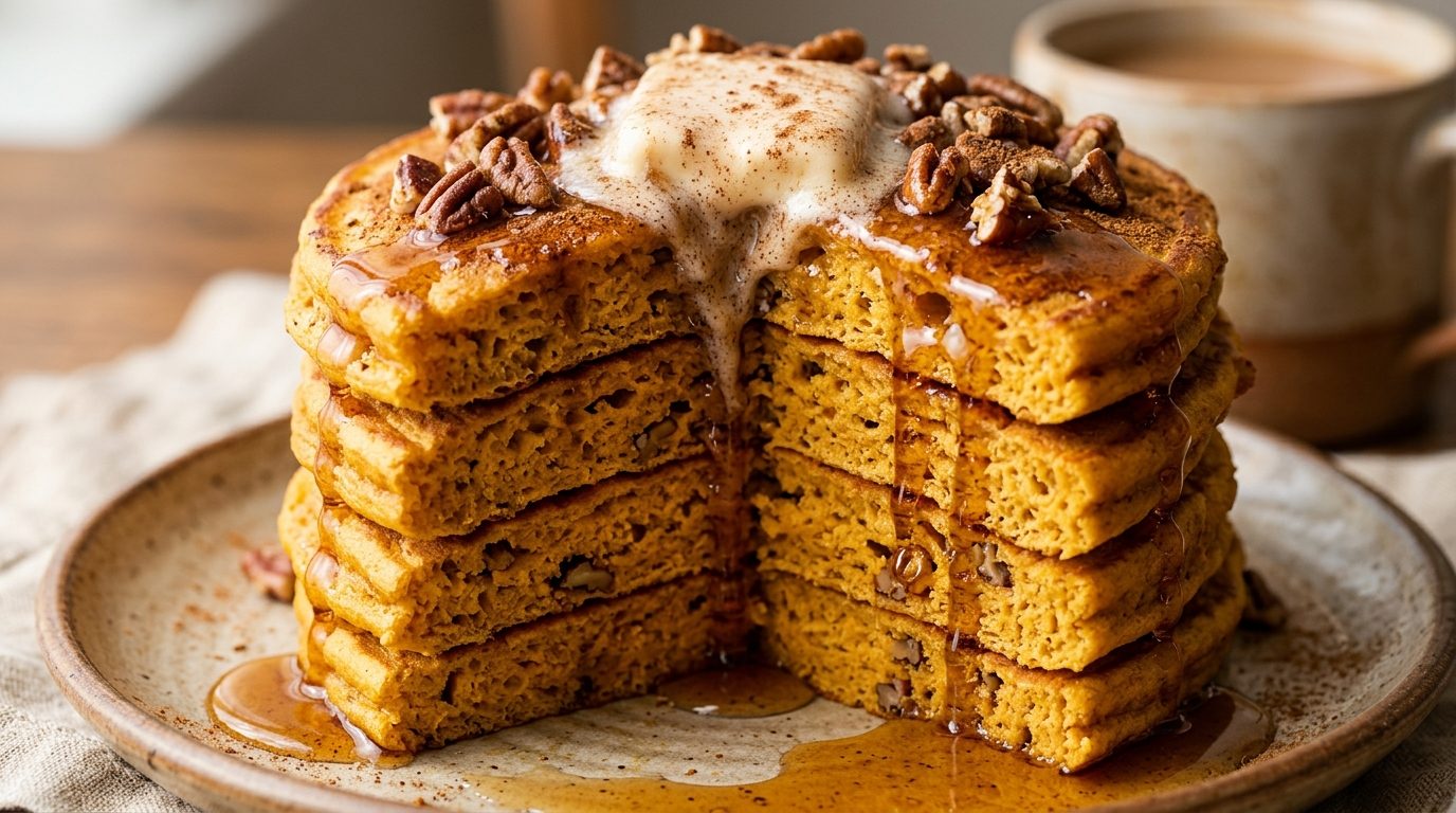 Ultra close-up macro of a tall stack of fluffy pumpkin spice pancakes topped with melting butter, toasted pecans, and maple syrup