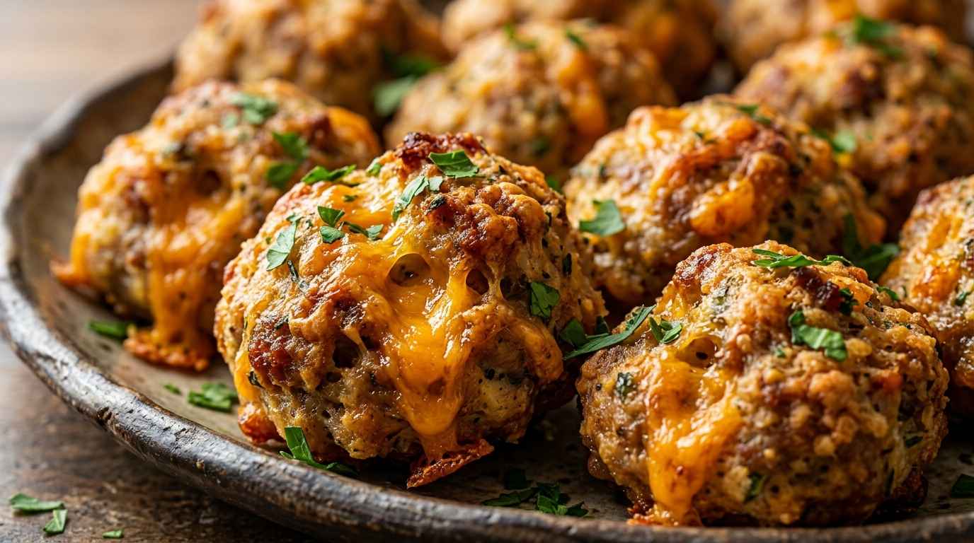 Ultra close-up macro of golden-brown baked cream cheese cheddar sausage balls with melted cheese pockets