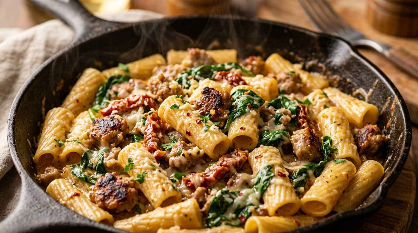 Ultra close-up macro of one-pot creamy Tuscan Italian sausage rigatoni with spinach and sun-dried tomatoes in a cast iron skillet