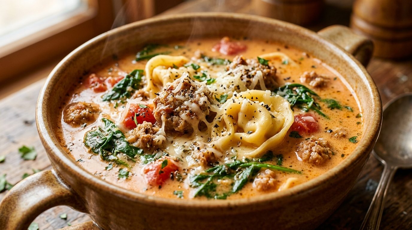 Ultra close-up macro of creamy Italian sausage tortellini soup with cheese tortellini, spinach, and grated Parmesan in a bowl