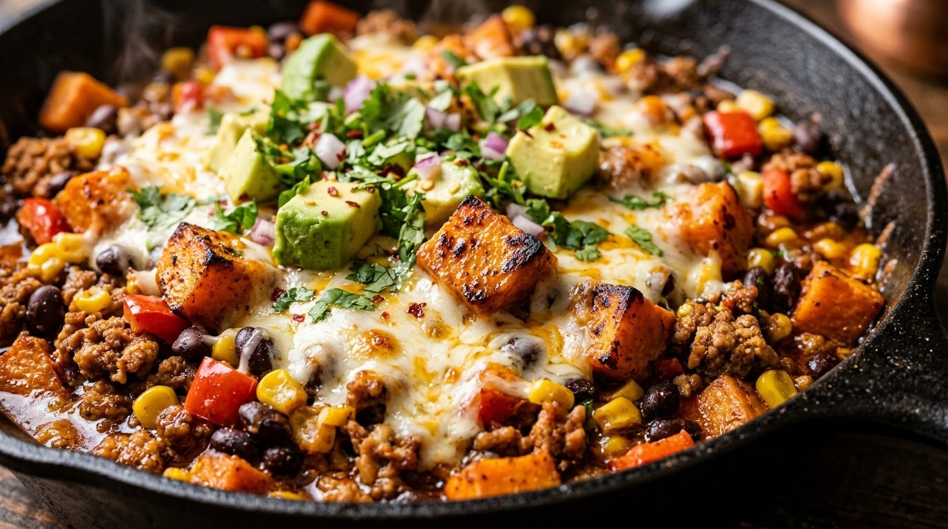 Ultra close-up macro of one-pan ground turkey and sweet potato taco skillet topped with melted cheddar cheese, avocado, and cilantro