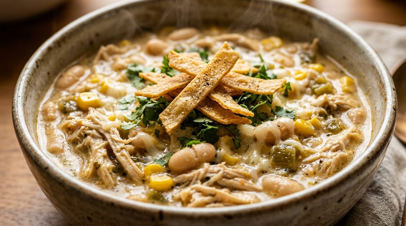 Ultra close-up macro of creamy white chicken chili in a ceramic bowl topped with melted Monterey Jack cheese, cilantro, and tortilla strips
